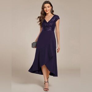 🆕Short Sleeve V-Neck Midi Sequin Formal Dress